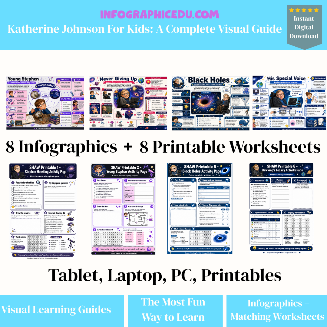 Educational materials for children including infographics and printable worksheets on a white background.