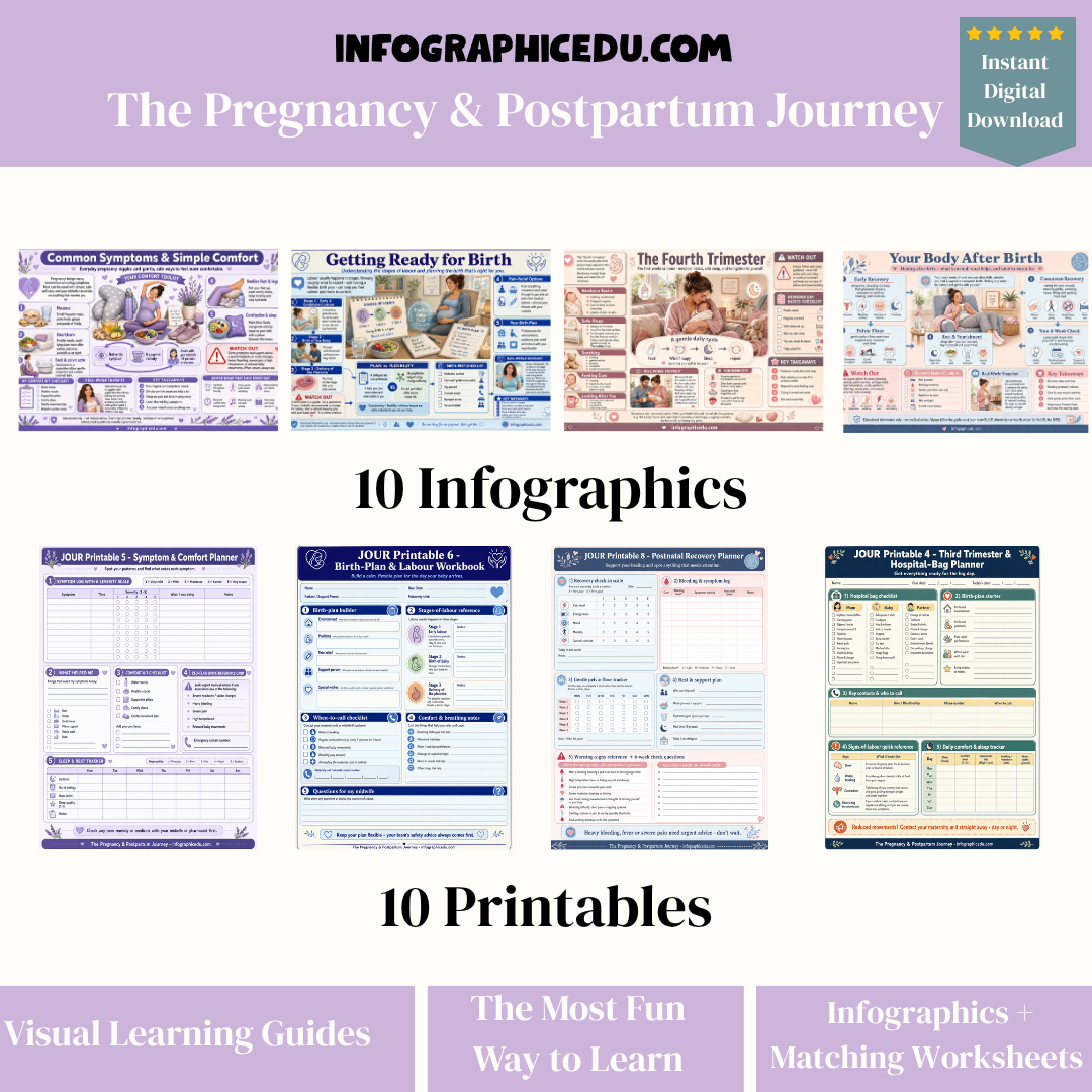 Promotional graphic for 'The Pregnancy & Postpartum Journey' with infographics and printables from Infographic Edu.