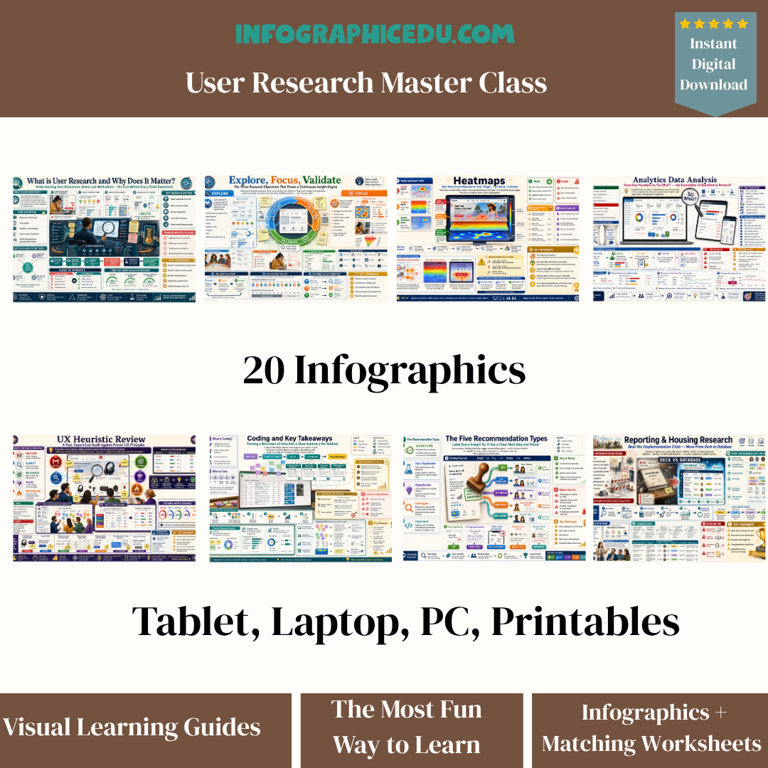 Promotional image of Infographic Edu User Research Master Class with infographics for tablet, laptop, PC, and printables.