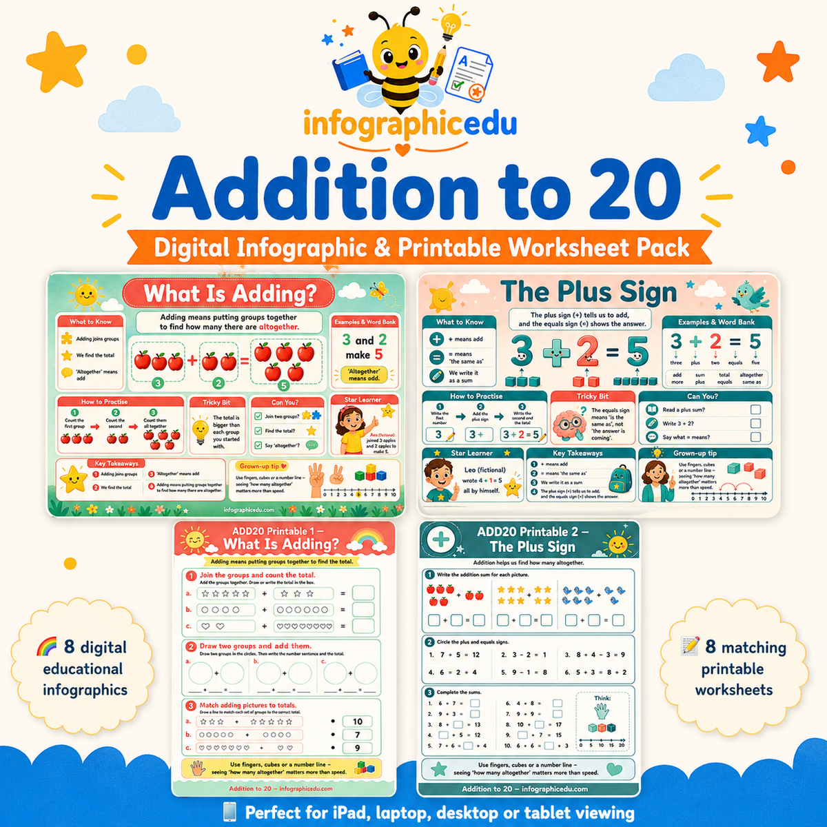 Addition to 20 digital infographic and printable worksheet pack cover