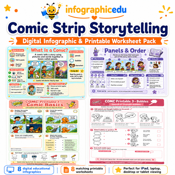 Comic Strip Storytelling digital infographic and printable worksheet pack cover