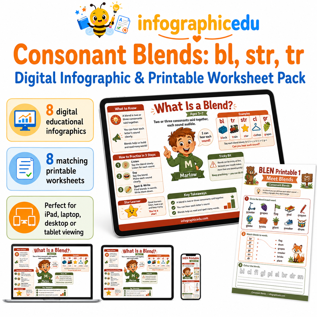 Consonant Blends bl str tr digital infographic and printable worksheet pack