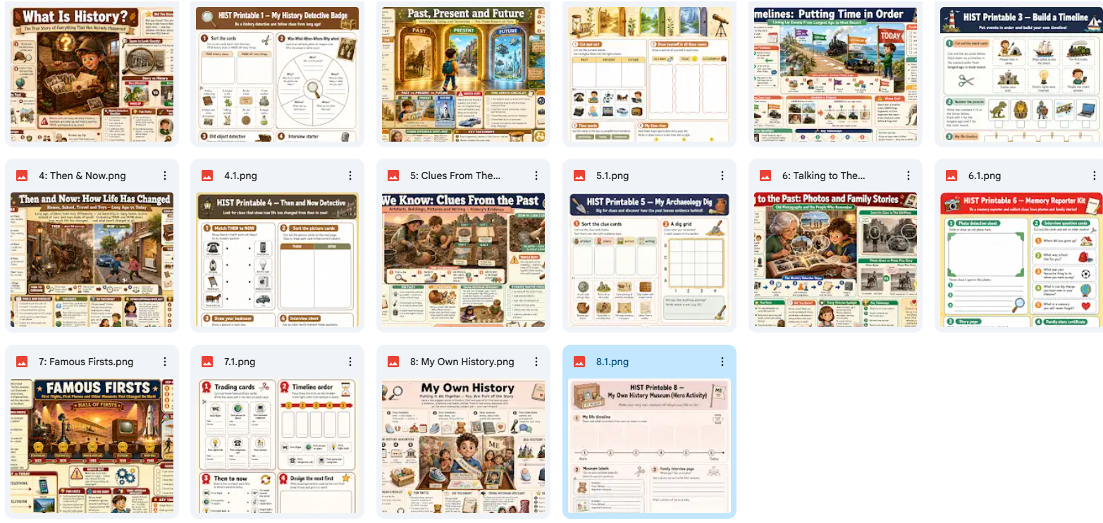 Collection of educational history-themed worksheets and activities on a white background