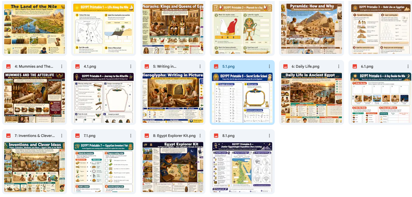 Grid of educational posters on ancient Egypt with various topics.