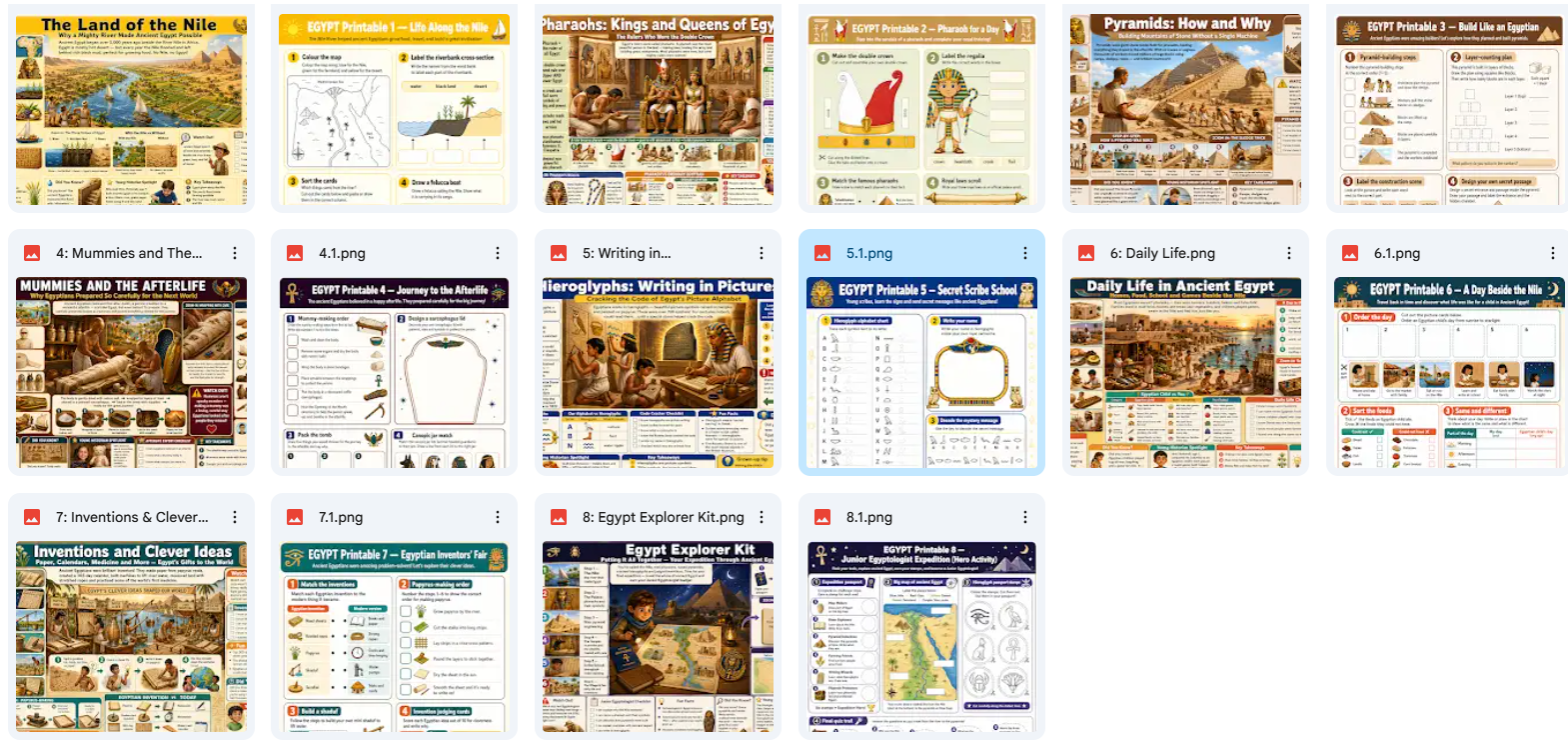 Grid of educational posters on ancient Egypt with various topics.