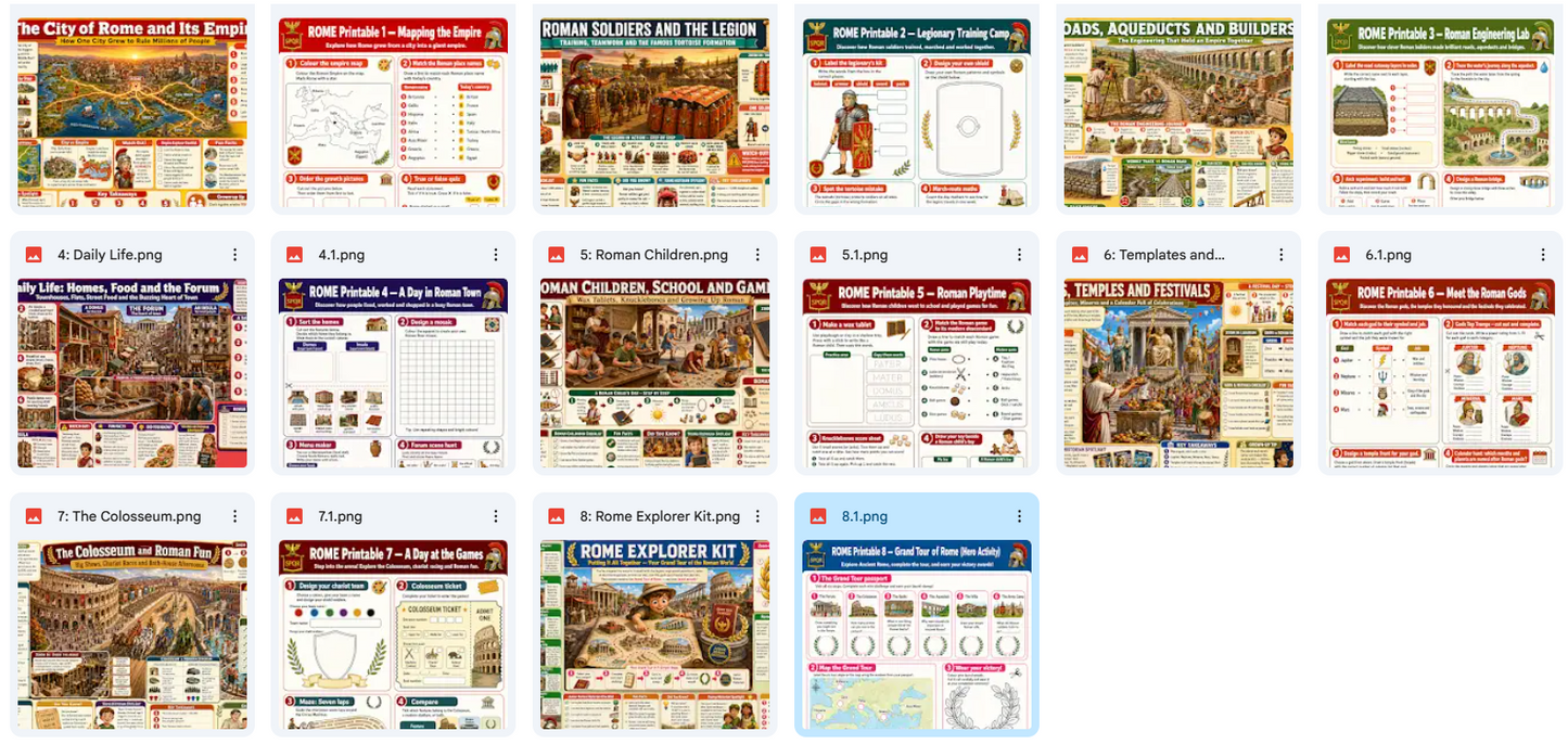 Collection of Roman-themed educational posters and resources on a white background