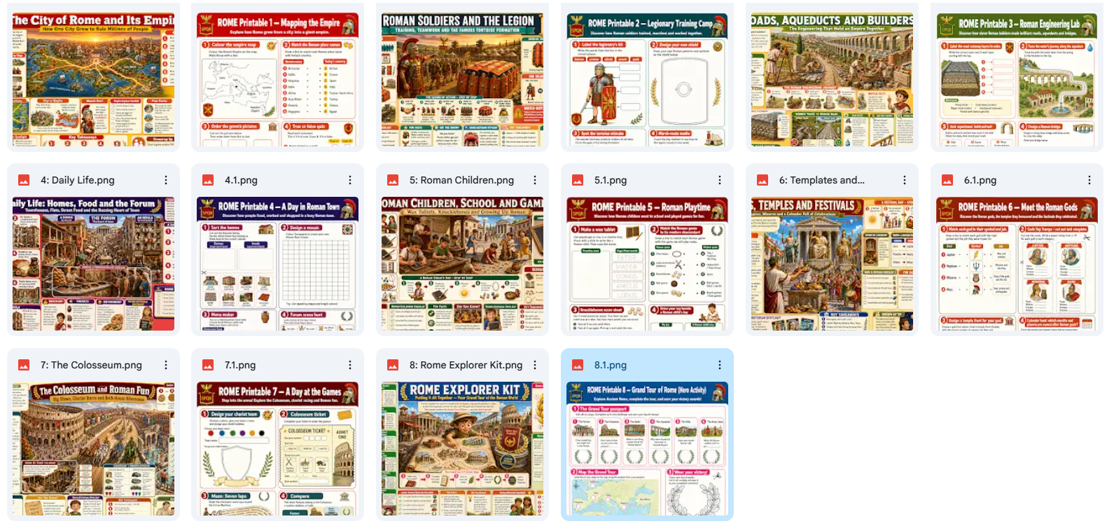 Collection of Roman-themed educational posters and resources on a white background