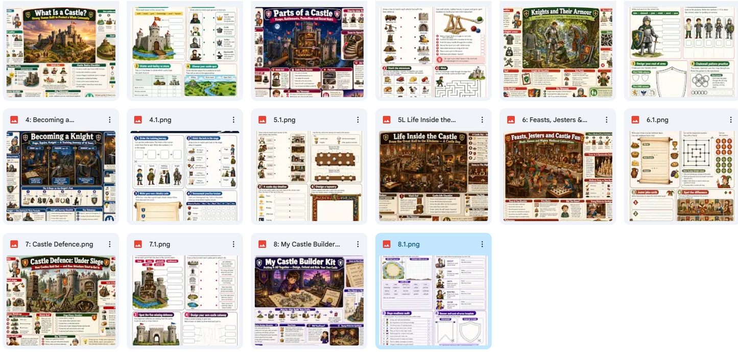 Grid of screenshots from a game or application interface with various scenes and text.