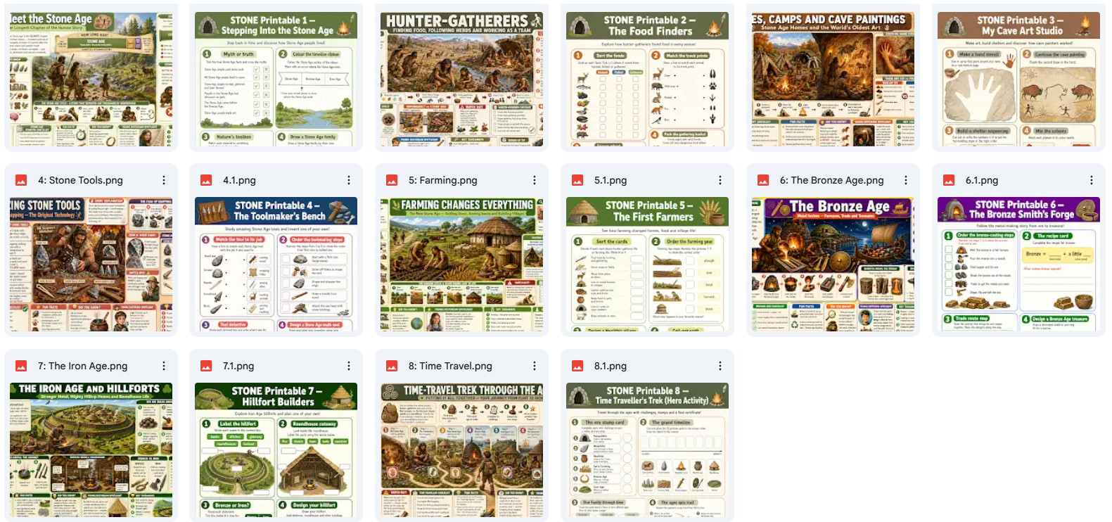 Grid of historical time periods and themes with images and text on a white background