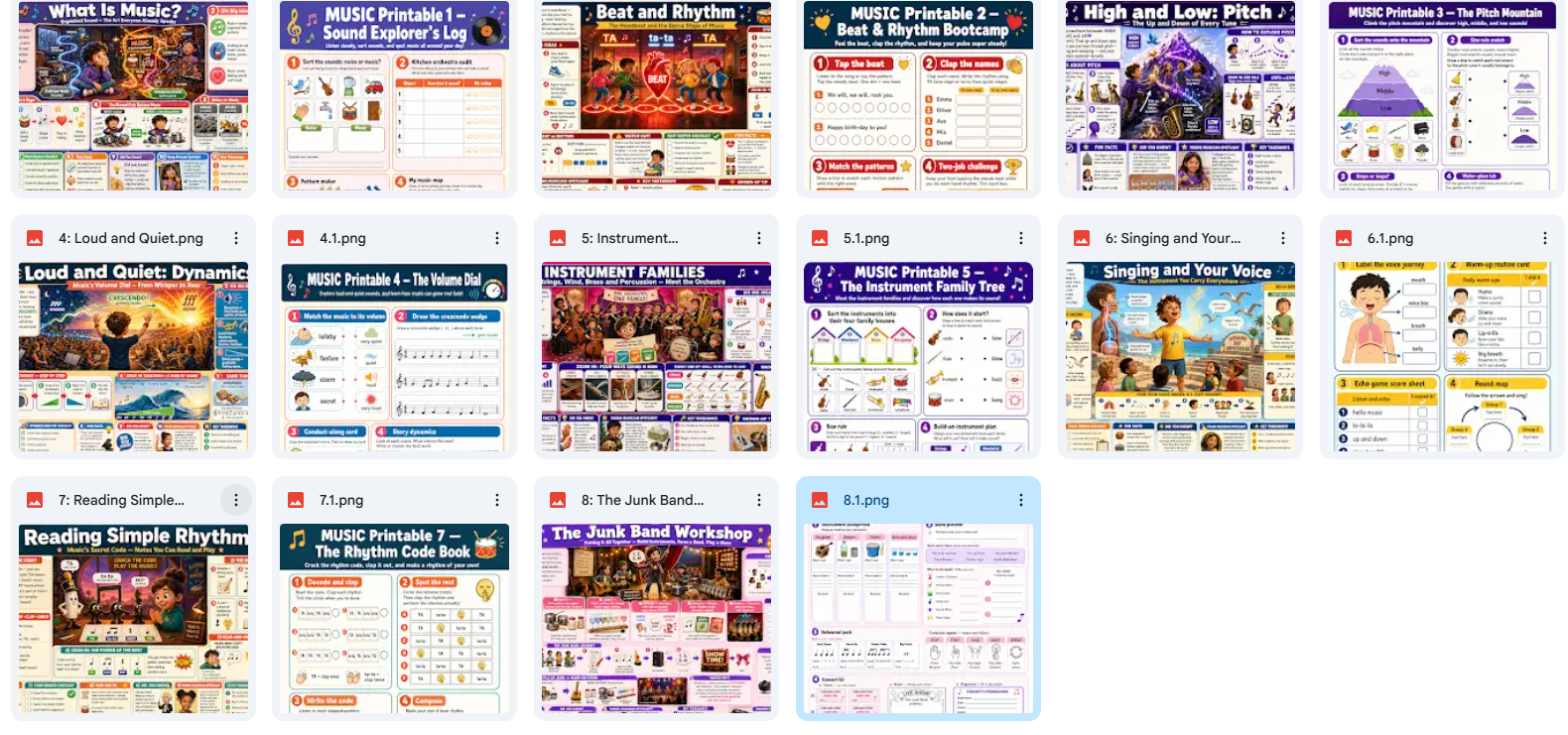 Grid of educational web pages with various topics on a white background