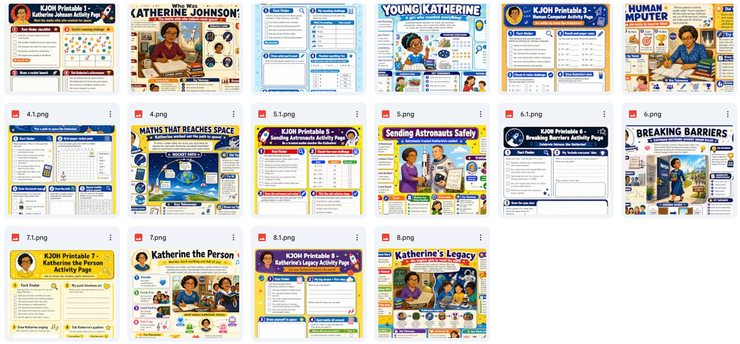 Grid of educational posters featuring various topics and images on a white background.