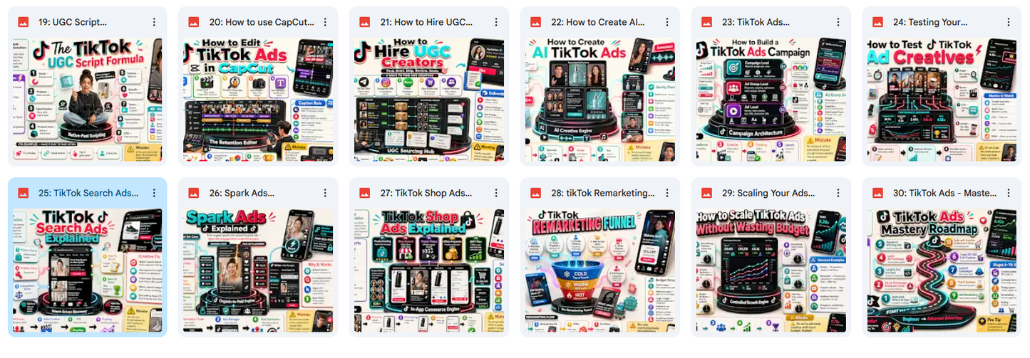 Grid of multiple YouTube video thumbnails related to TikTok and advertising.