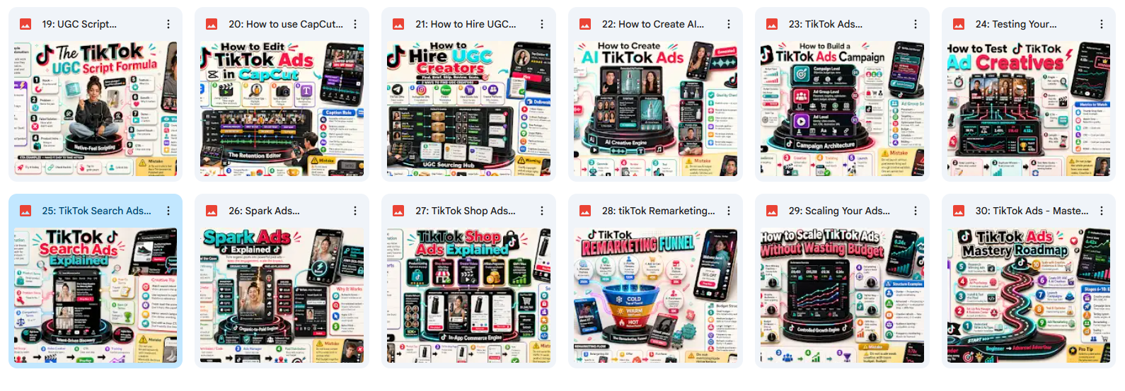 Grid of multiple YouTube video thumbnails related to TikTok and advertising.