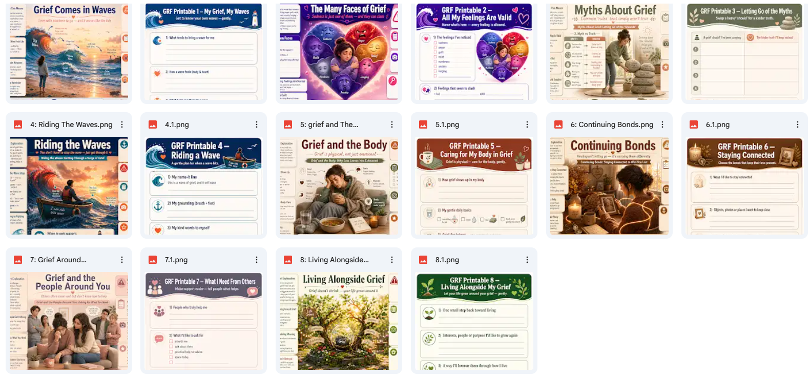 Grid of various web pages related to grief and loss on a white background