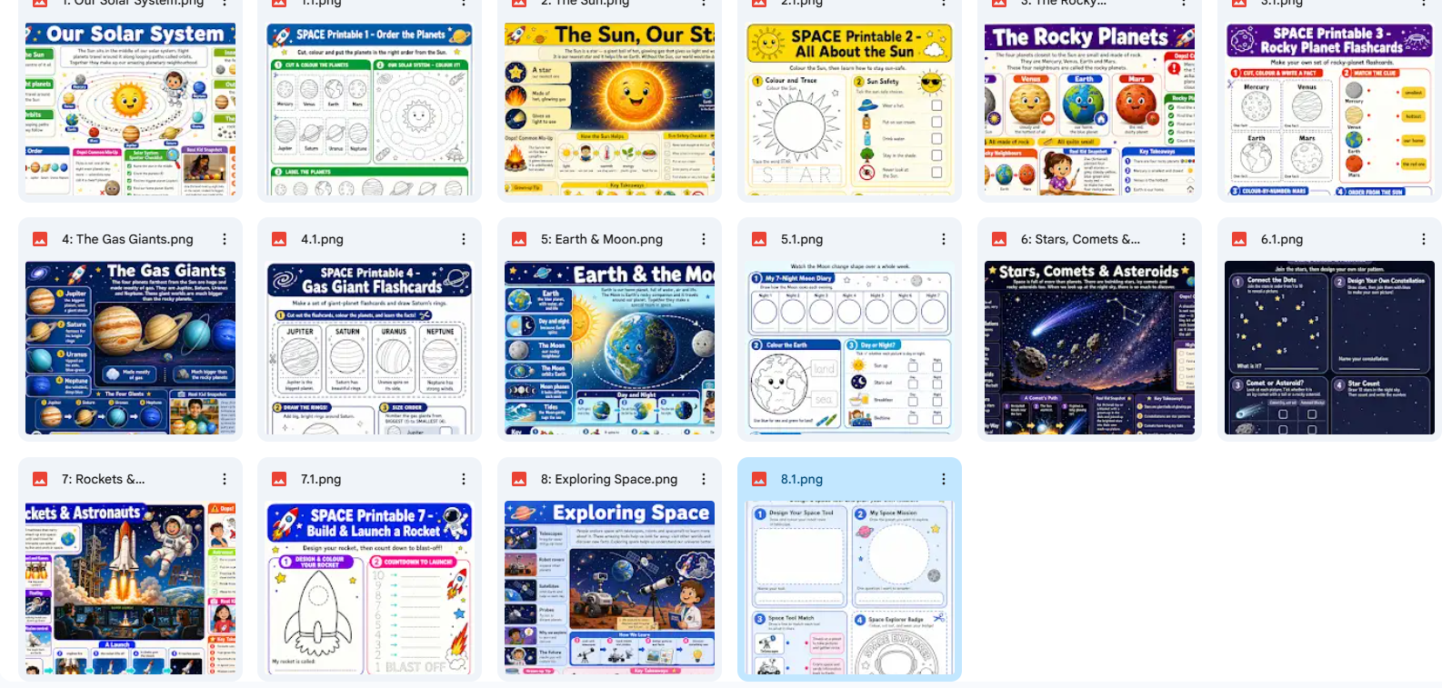 Collection of educational posters about space and the solar system on a white background.