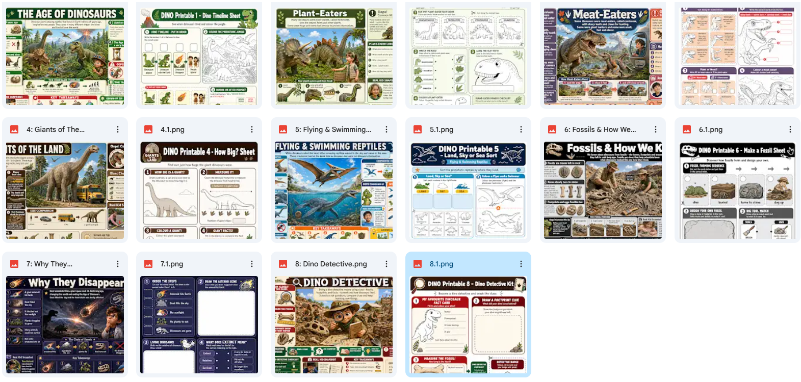 Collection of educational posters on dinosaurs with various topics.