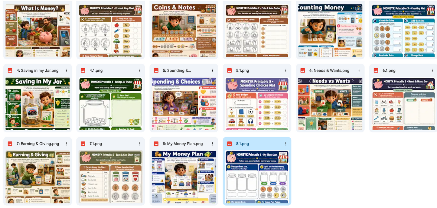 Grid of educational money-themed worksheets with children and various topics.