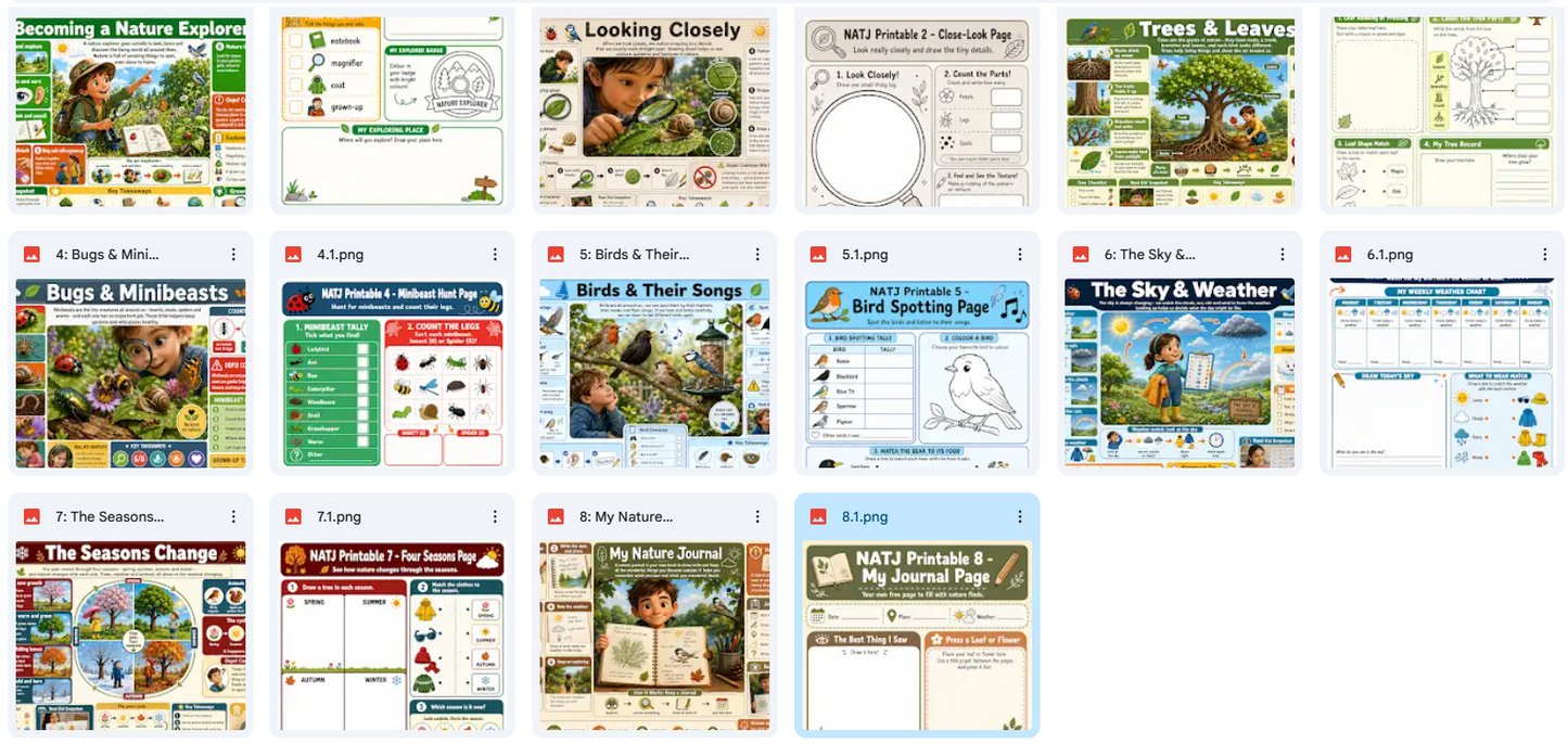 Grid of educational nature-themed worksheets and activities on a white background