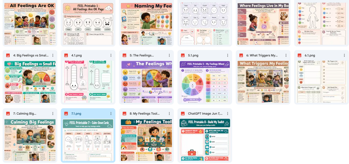 Collection of educational posters on emotions and feelings displayed in a grid.