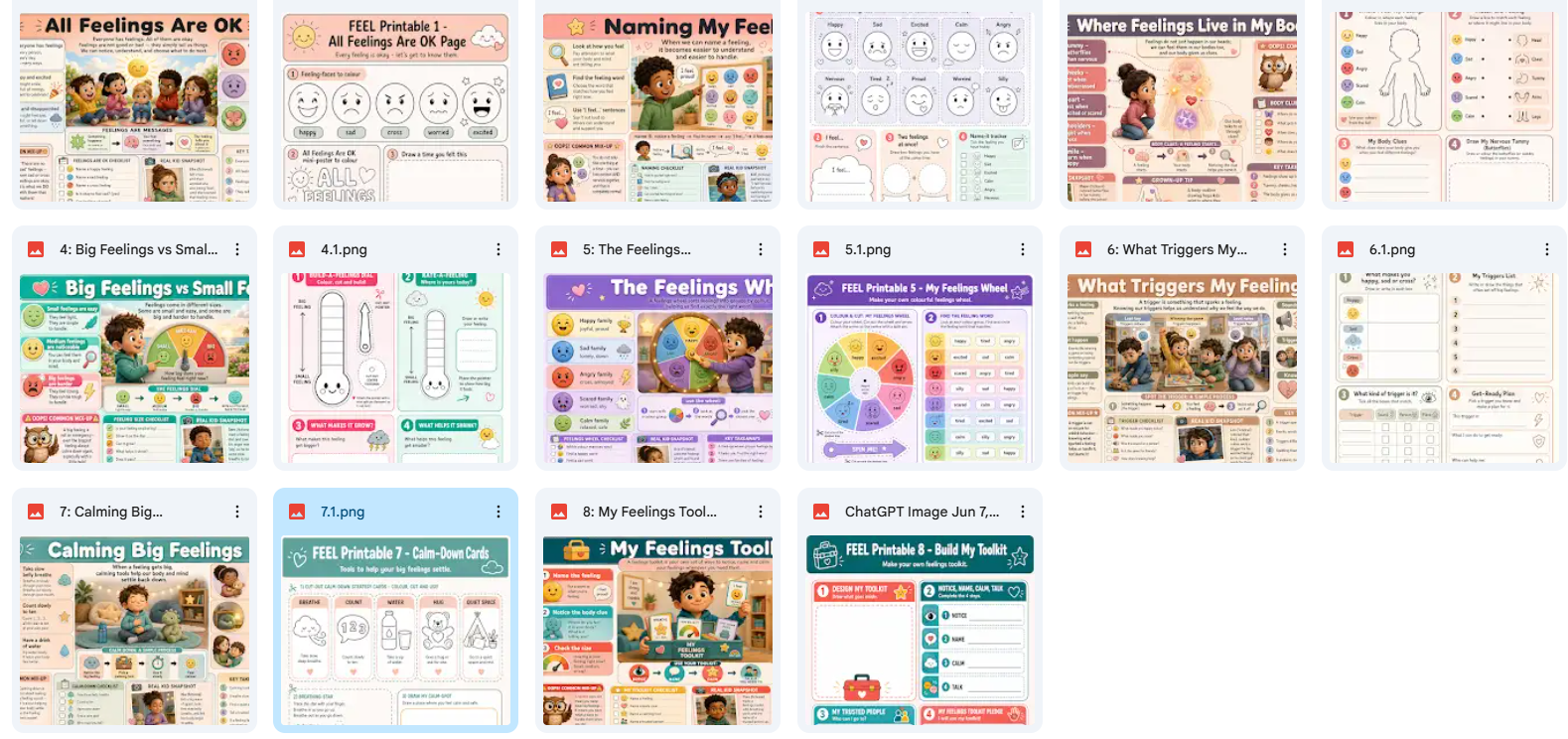 Collection of educational posters on emotions and feelings displayed in a grid.