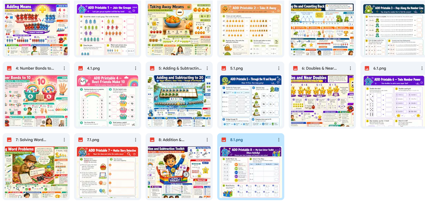 Collection of educational posters with various subjects and images on a white background