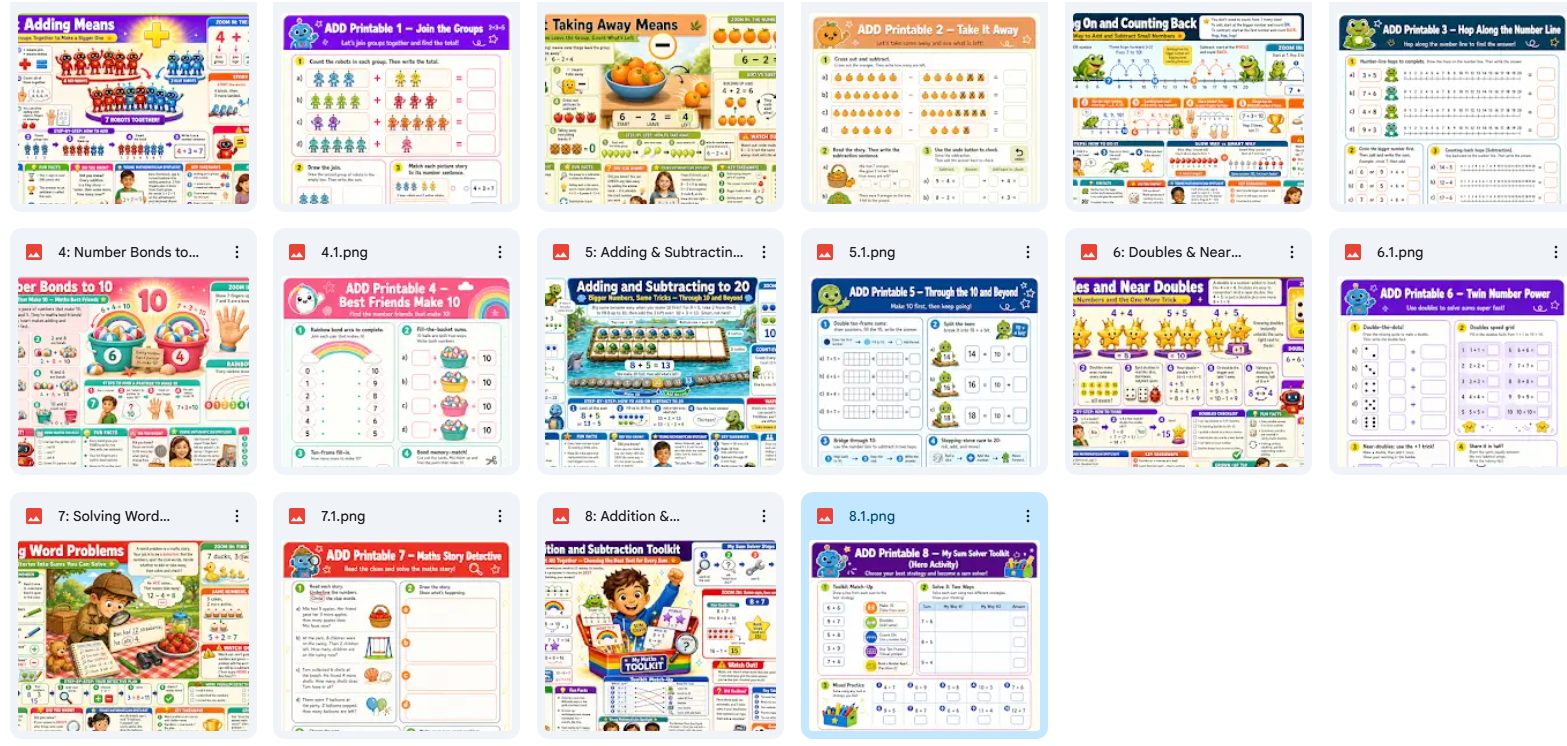 Collection of educational posters with various subjects and images on a white background