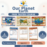 Edhed Learning Free Our Planet Earth taster showing 3 actual infographics and 3 matching printable worksheets