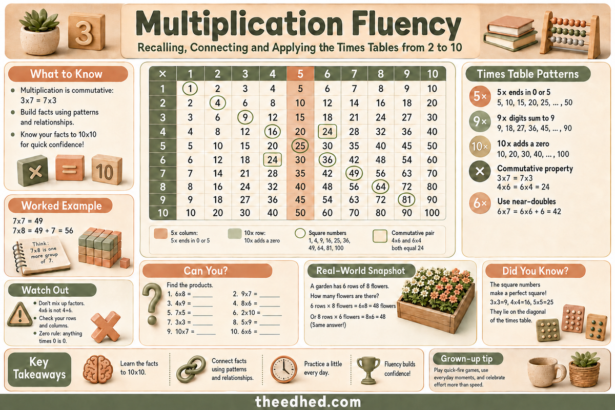 Grade 3 multiplication fluency infographic with times table patterns and near-doubles strategies