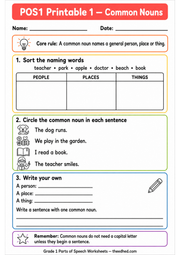 Grade 1 Parts of Speech printable worksheet about common nouns