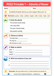 Grade 2 Parts of Speech printable worksheet about adverbs of manner