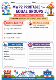 Printable Grade 2 equal groups multiplication worksheet with RIPS planning and bar model practice