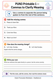 Commas to Clarify Meaning Grade 3 A4 printable worksheet