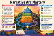 Narrative Arc Mastery Grade 4 creative writing infographic with five-part story structure and subplots