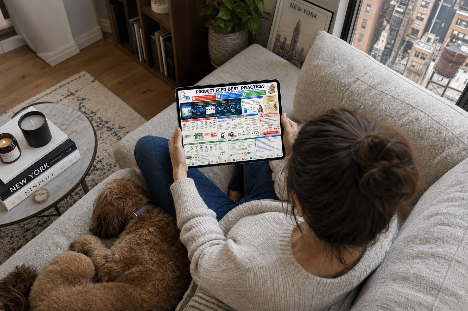 Person sitting on a couch with a dog, using a tablet in a living room.