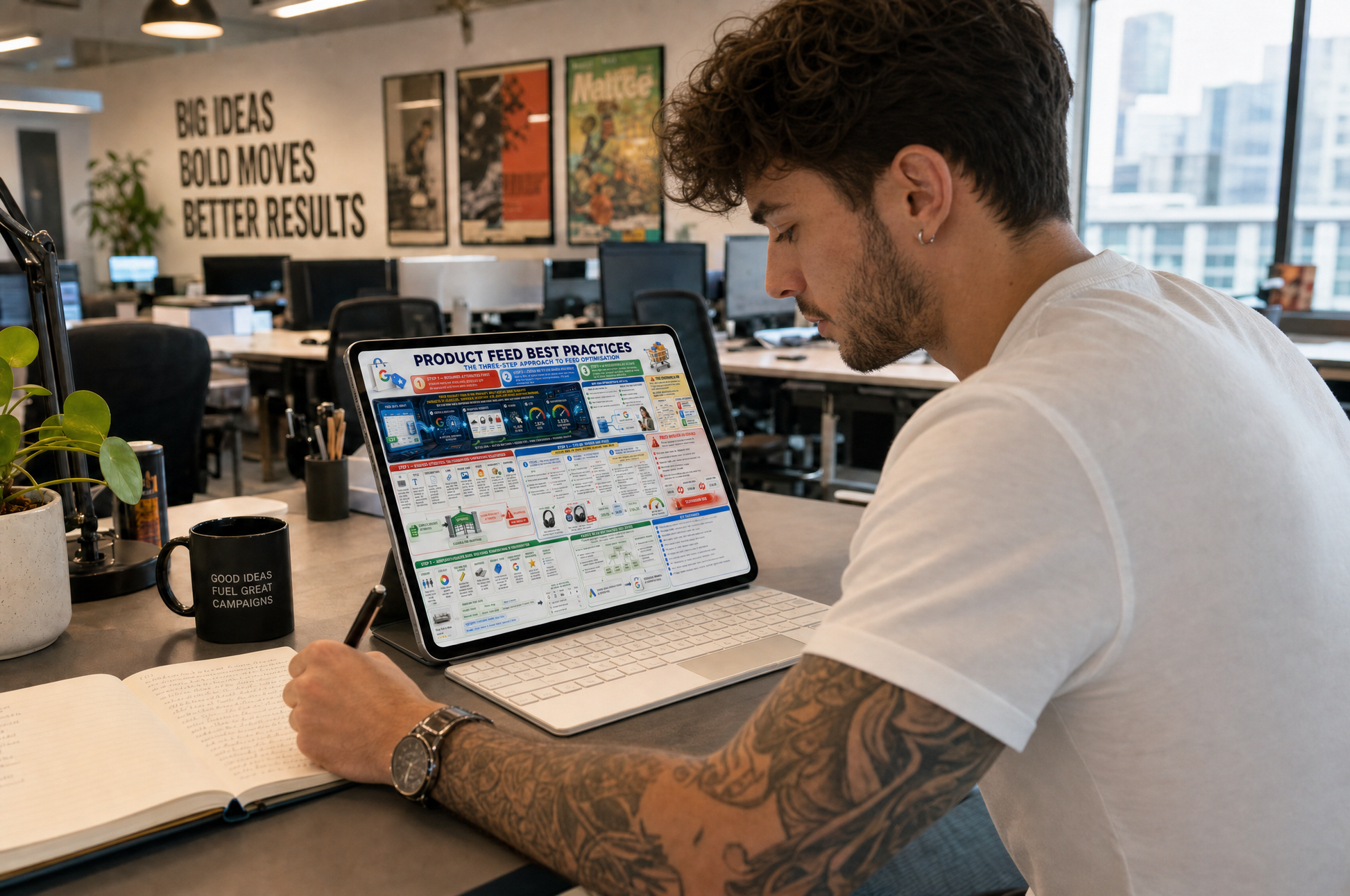 Person working on a laptop in an office setting with motivational wall text.