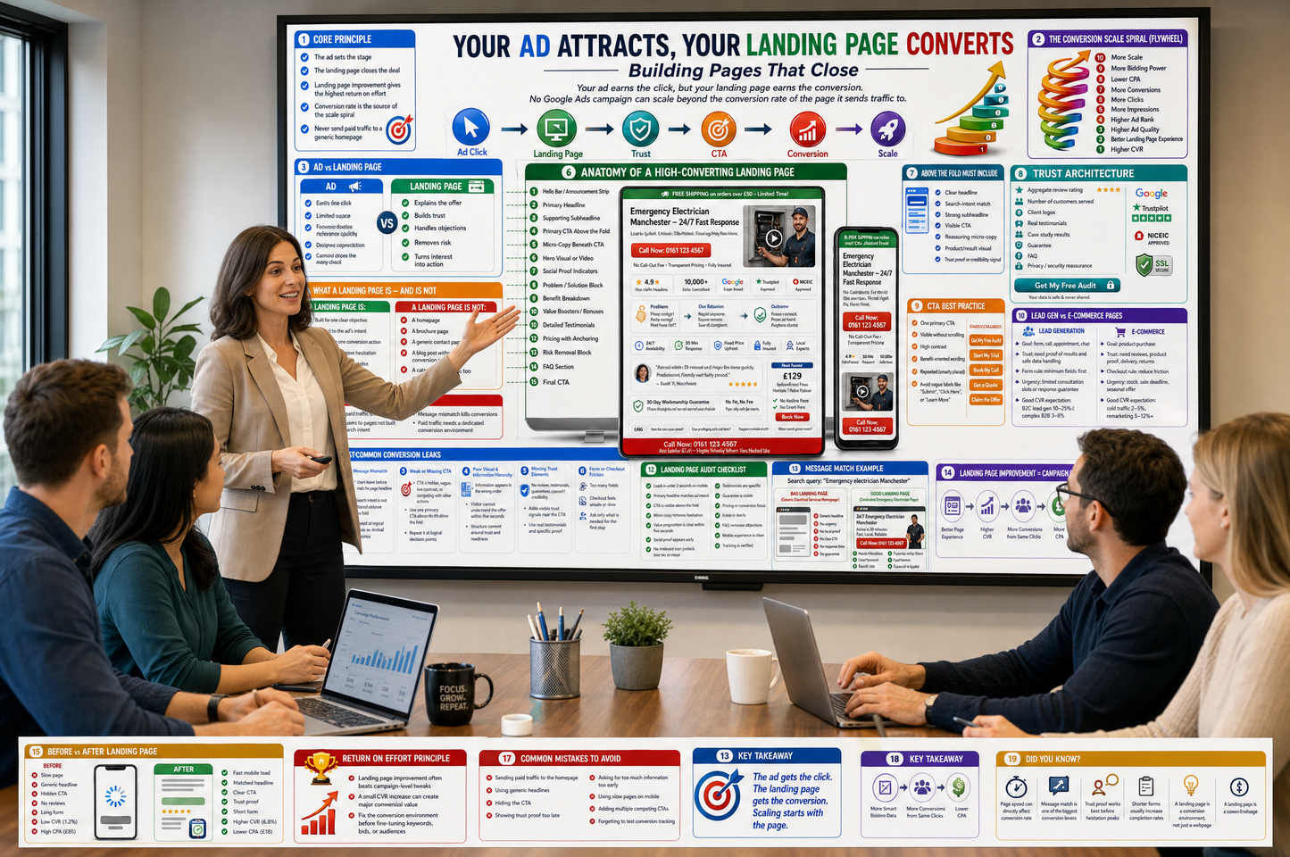 Woman presenting in front of a large screen with digital marketing analytics, people sitting around a table with laptops.