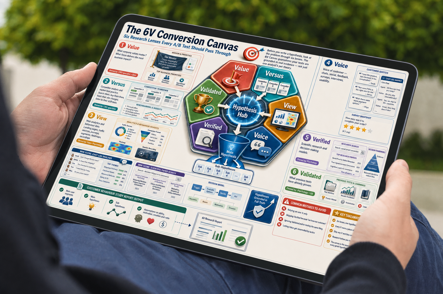 Person holding a tablet displaying 'The 6V Conversion Canvas' with various icons and text.