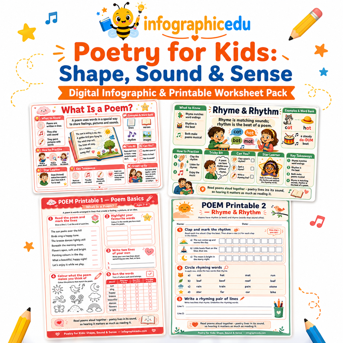 Poetry for Kids Shape Sound and Sense digital infographic and printable worksheet pack cover