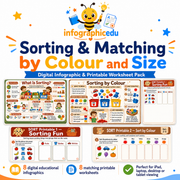 Sorting and Matching by Colour and Size digital infographic and printable worksheet pack cover