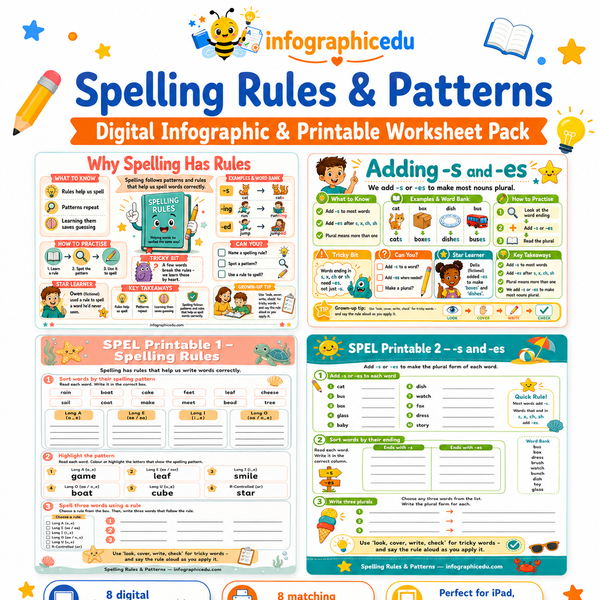 Spelling Rules and Patterns digital infographic and printable worksheet pack cover