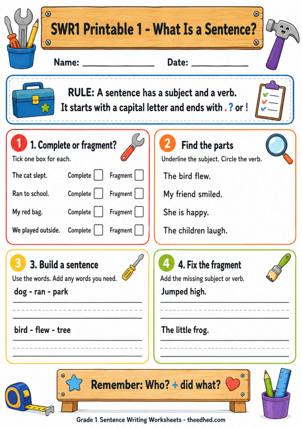 Grade 1 what is a sentence printable worksheet
