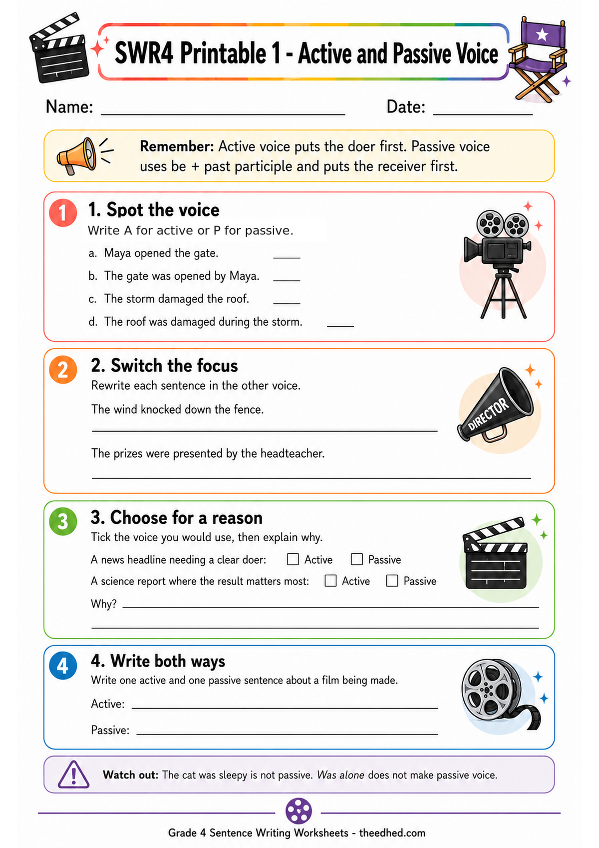 Grade 4 active and passive voice printable worksheet