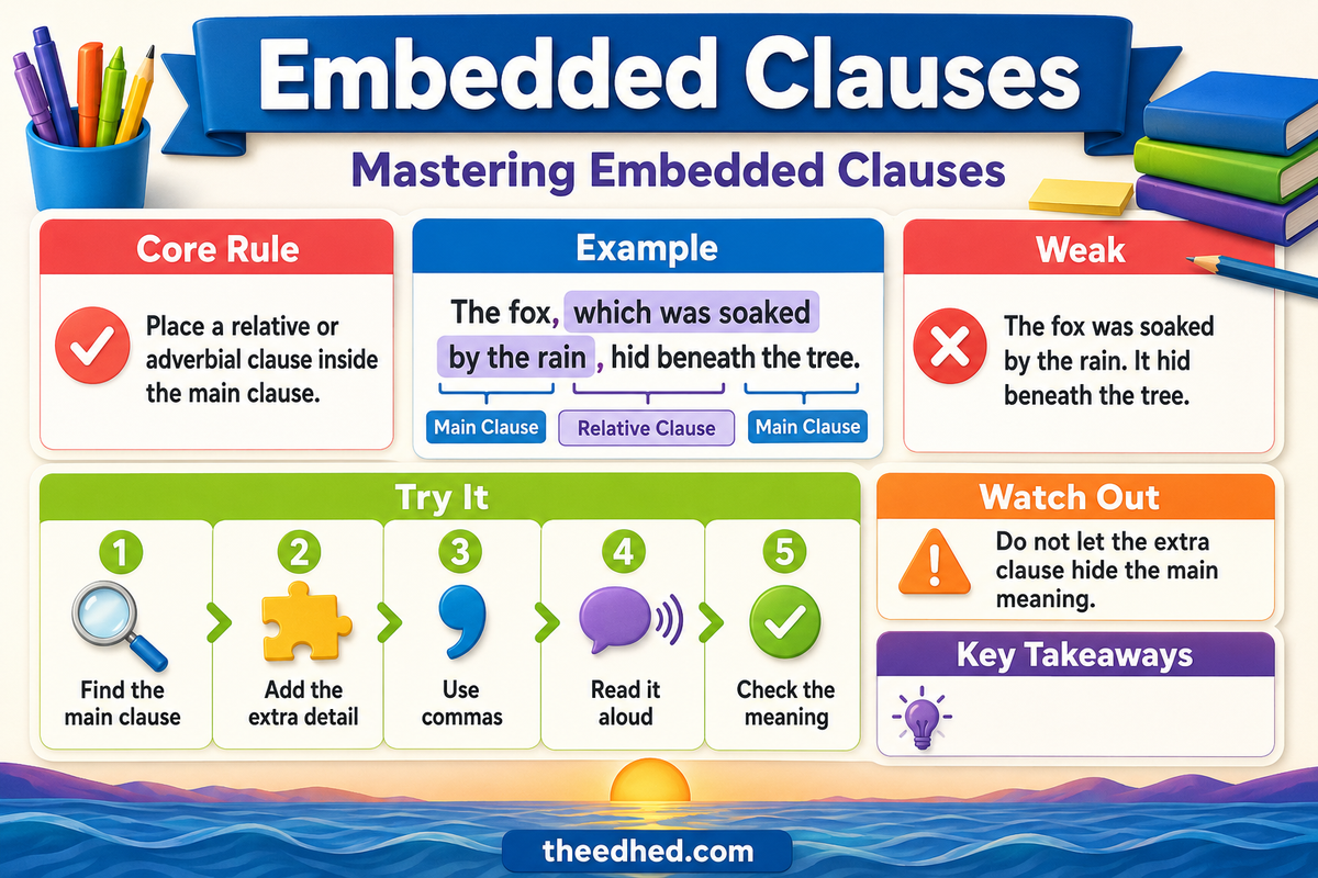 Grade 5 embedded clauses educational infographic