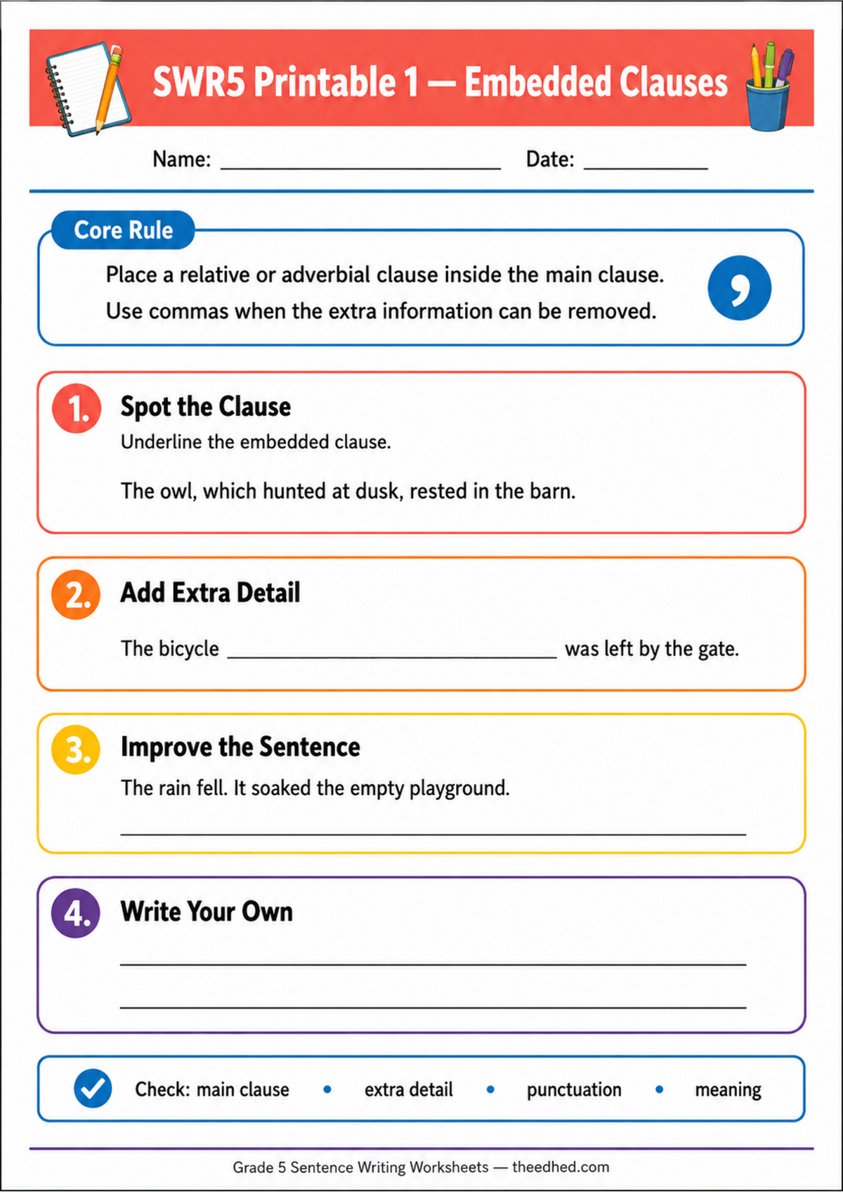Grade 5 embedded clauses printable worksheet