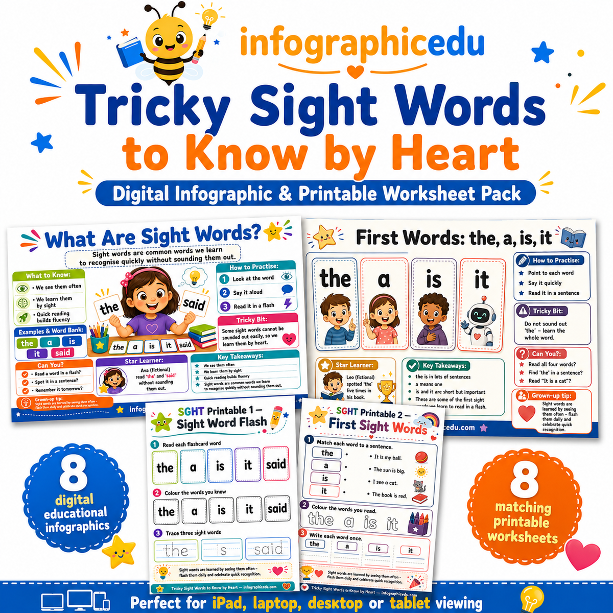 Tricky Sight Words to Know by Heart digital infographic and printable worksheet pack