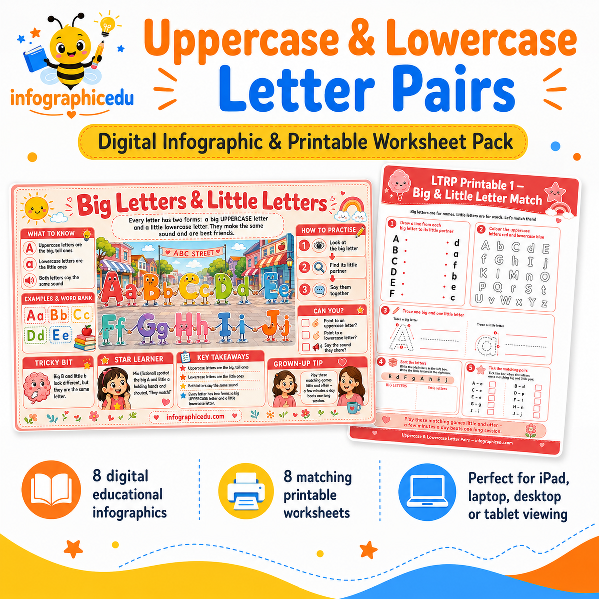 Uppercase and lowercase letter pairs digital infographic and printable worksheet pack for children