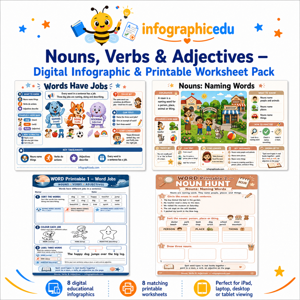 Nouns, Verbs and Adjectives digital course with 8 educational infographics and 8 printable worksheets